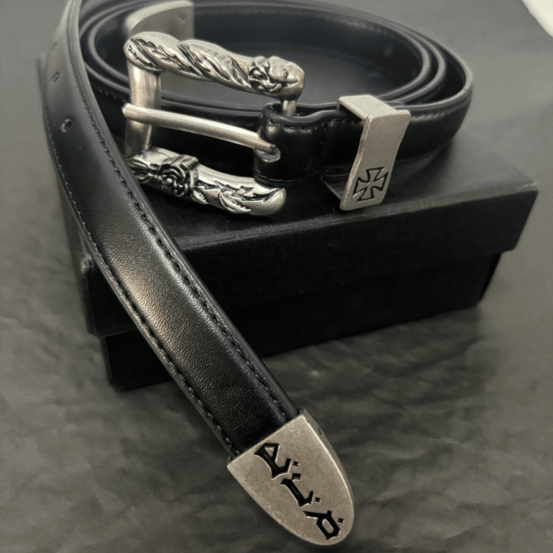 ERD Punk Rose Engraved Cross Vintage Leather Belt Antique Metal Buckle