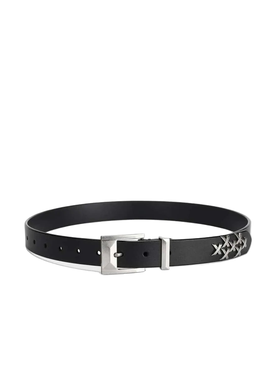 Cross X Metal Studded Full Grain Leather Belt Pin Buckle Waist Belt