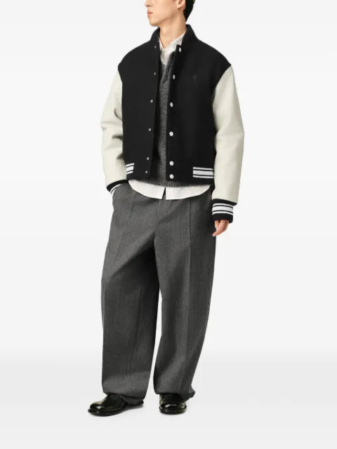 AMI Paris black wool and leather padded teddy jacket with Ami Paris embroidery
