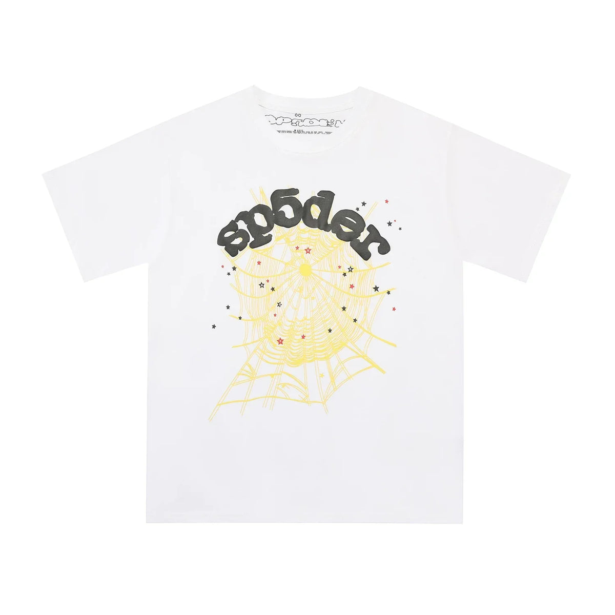 Sp5der Black Logo & Yellow Spider Web Graphic White Short Sleeve T-Shirt