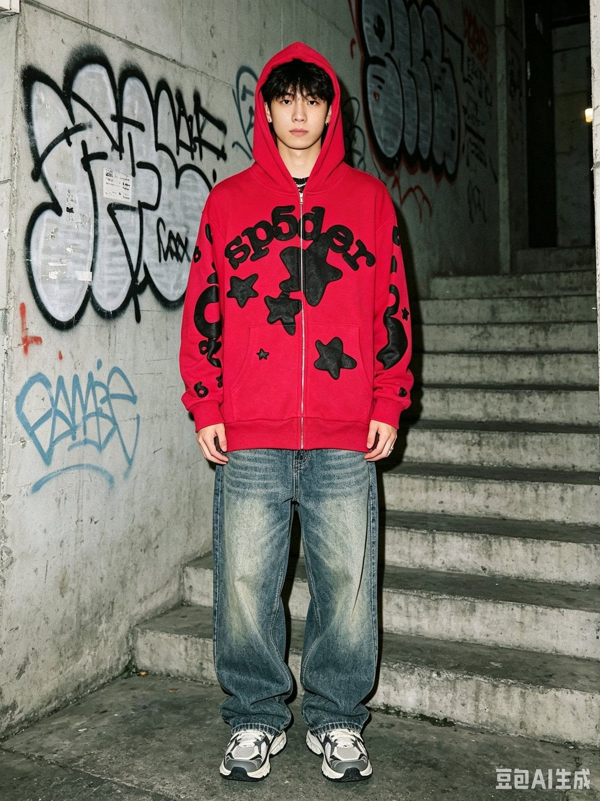Sp5der Red Graphic Zip Hoodie