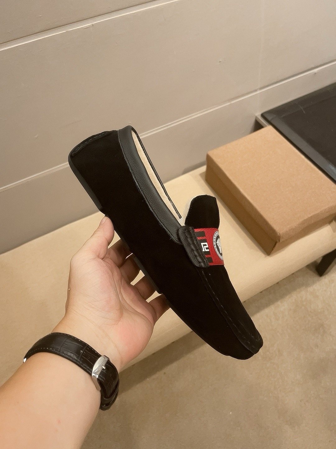 Versace Men's Black Red Accent Slip-On Loafers