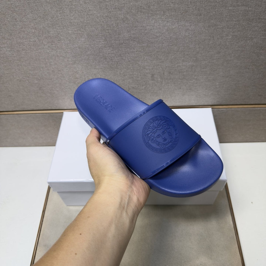 Versace Blue Raised Emblem Slide Sandals