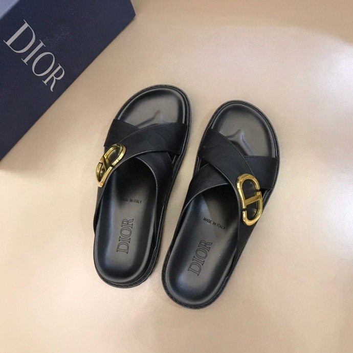 Dior Men's Black Gold-Tone Hardware Slide Sandals