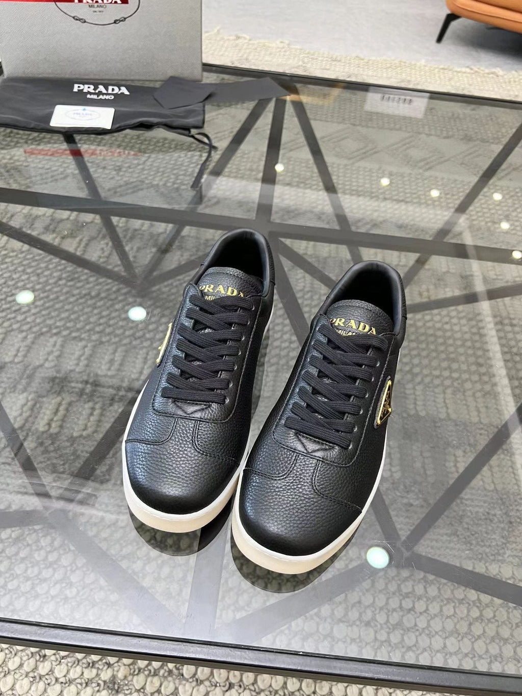 Prada Men's Gold Accent Low-Top Sneakers