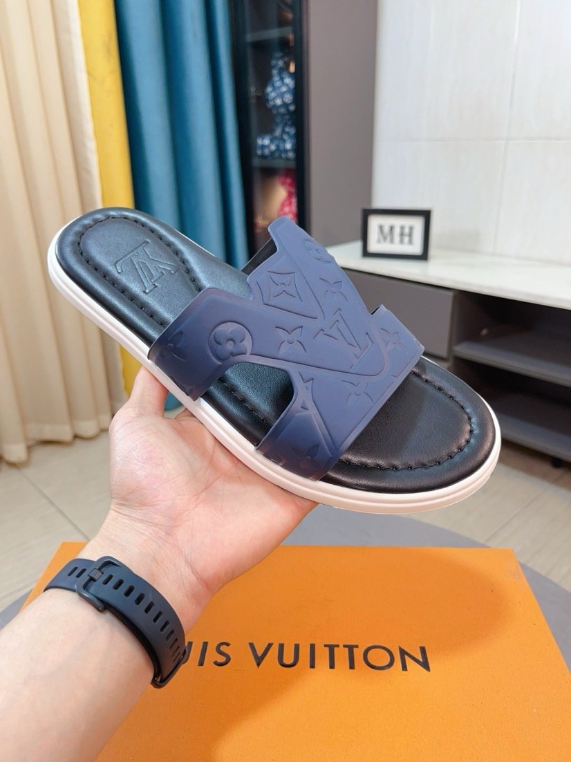 Louis Vuitton Men's Embossed Strap Slide Sandals - Open-Toe Slip-On Design