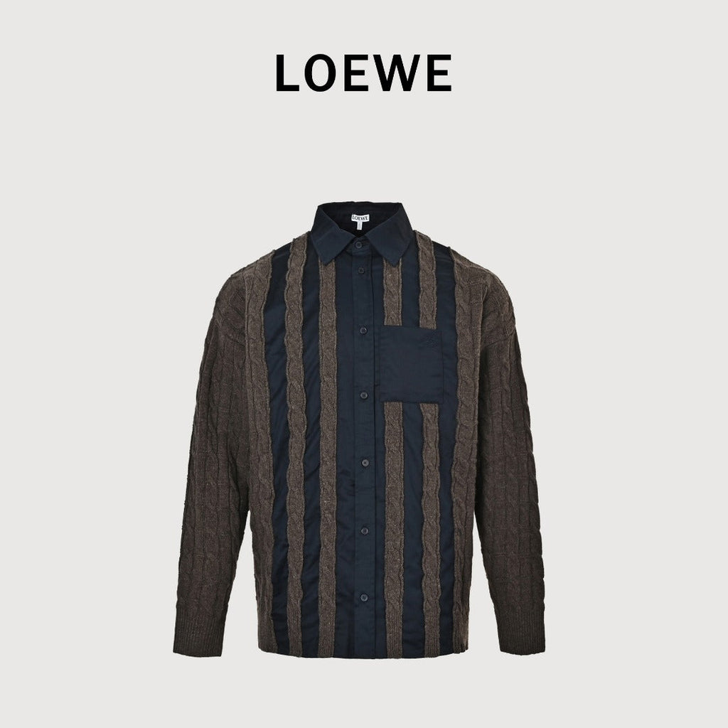 Loewe Anagram Vertical Stripe Embroidered Wool-Blend Long Sleeve Shirt